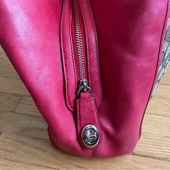 Coach Shoulder Bag.  Canvas & Red Leather. - Picture 4 of 12